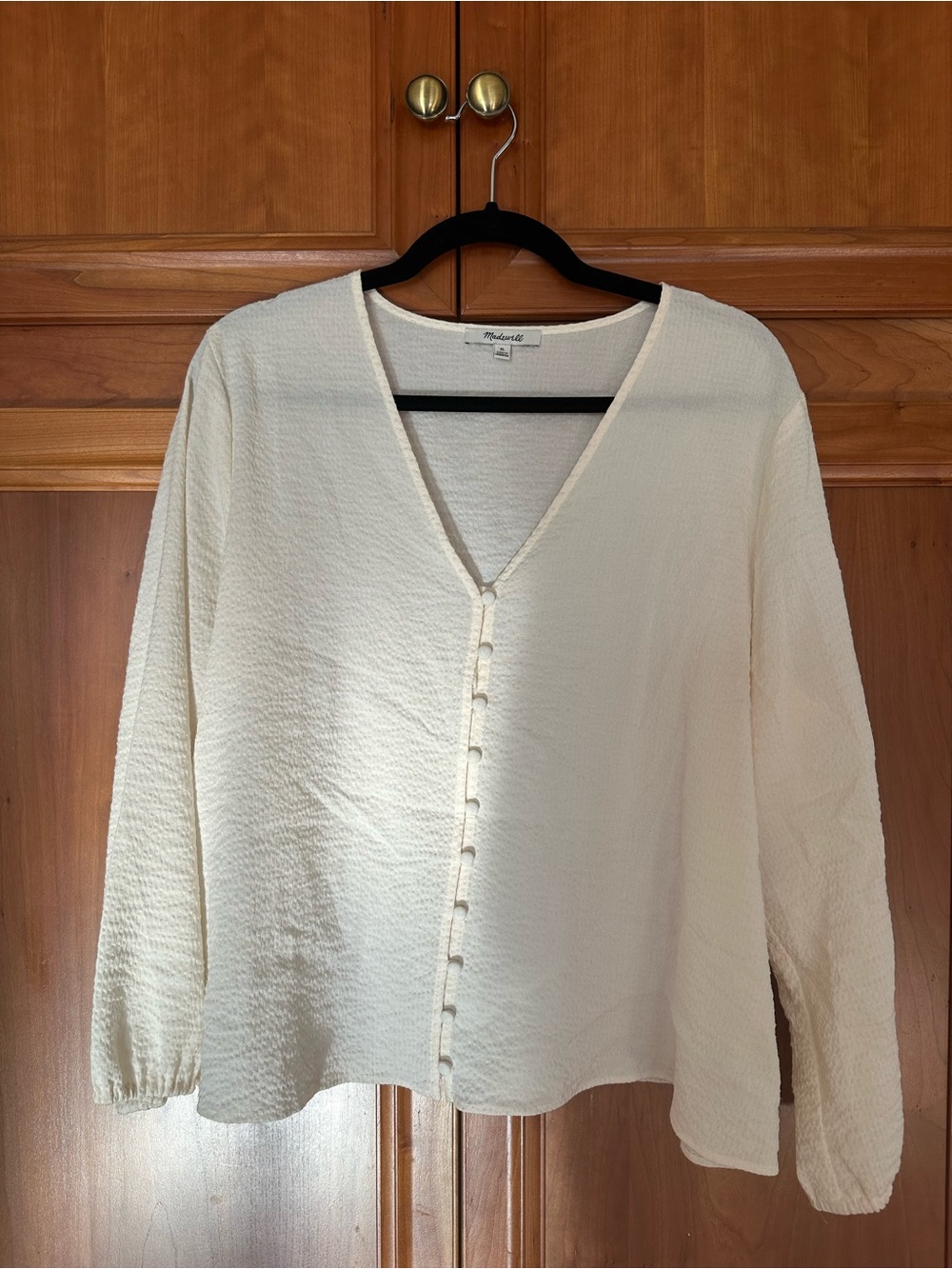 Madewell Cream Button-Front Textured V-Neck Top